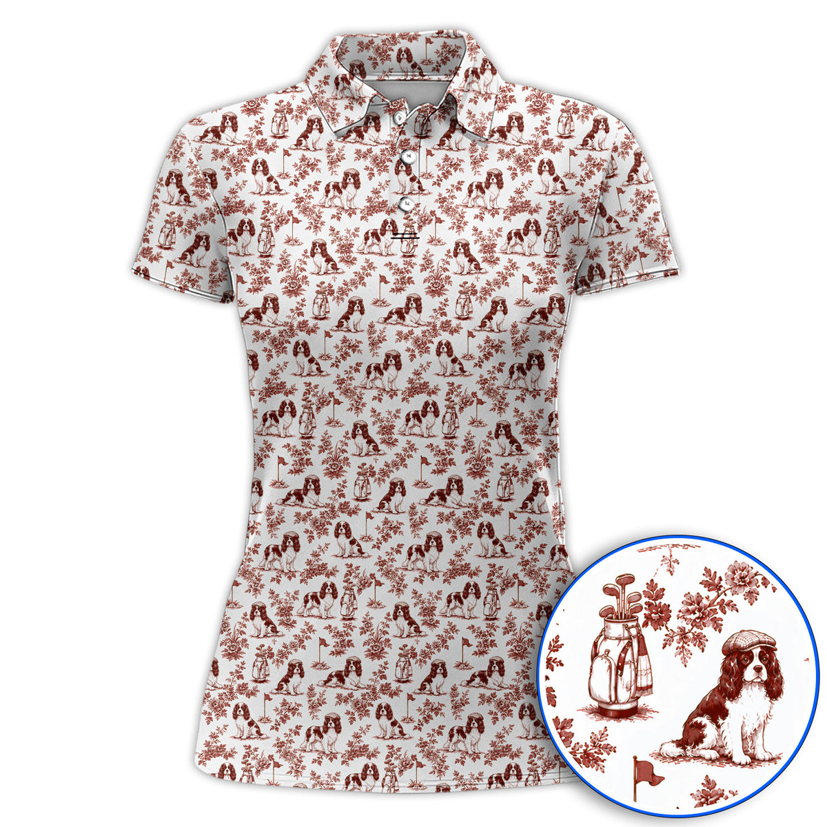Funny Cavalier King Charles Spaniel Golf Polos, Toile de Jouy Cavalier Pattern Golf Shirt, Golf Gift For Golfer
