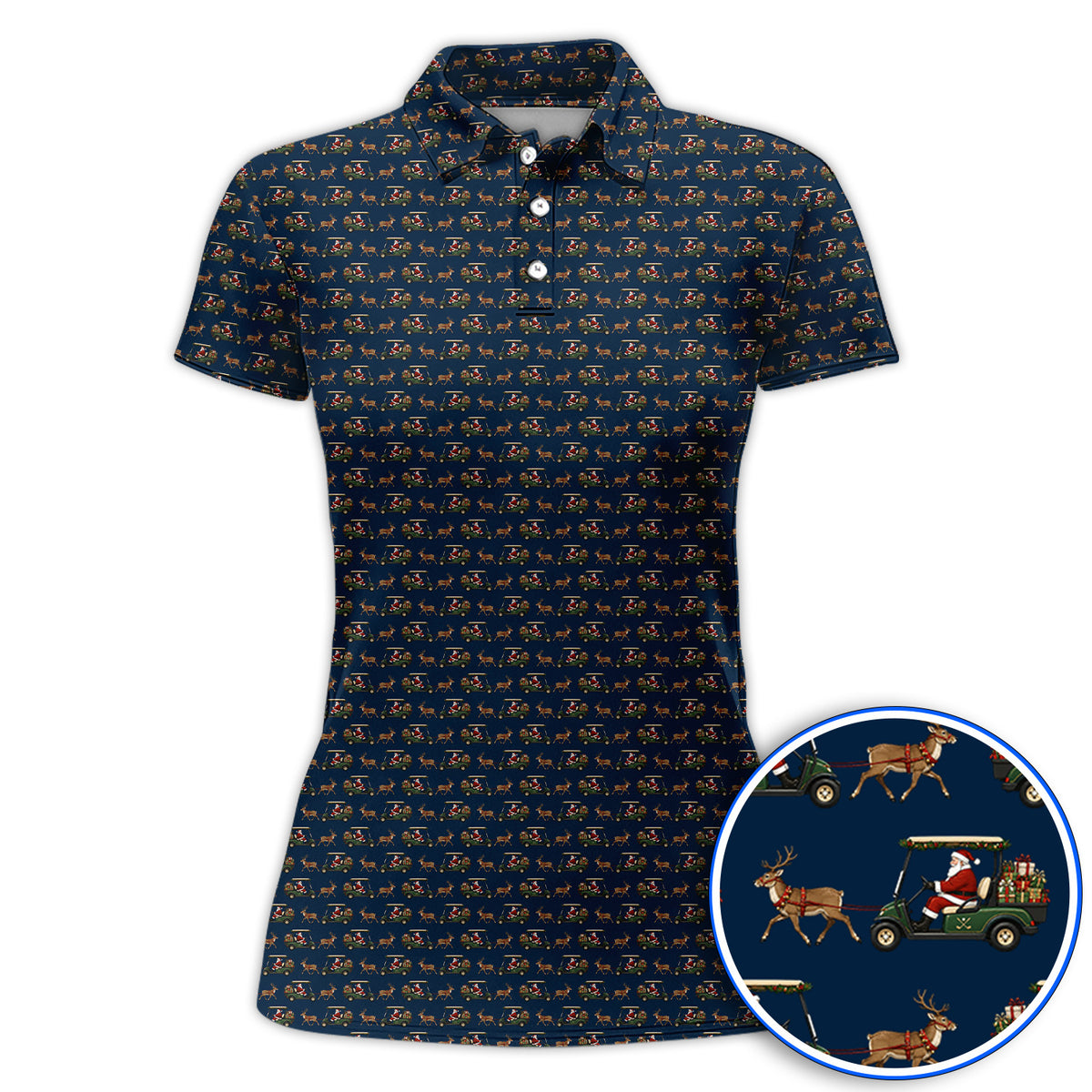 Santa Reindeer Golf Cart Polos, Xmas Pattern Golf Shirt, Crazy Christmas Golf Gift