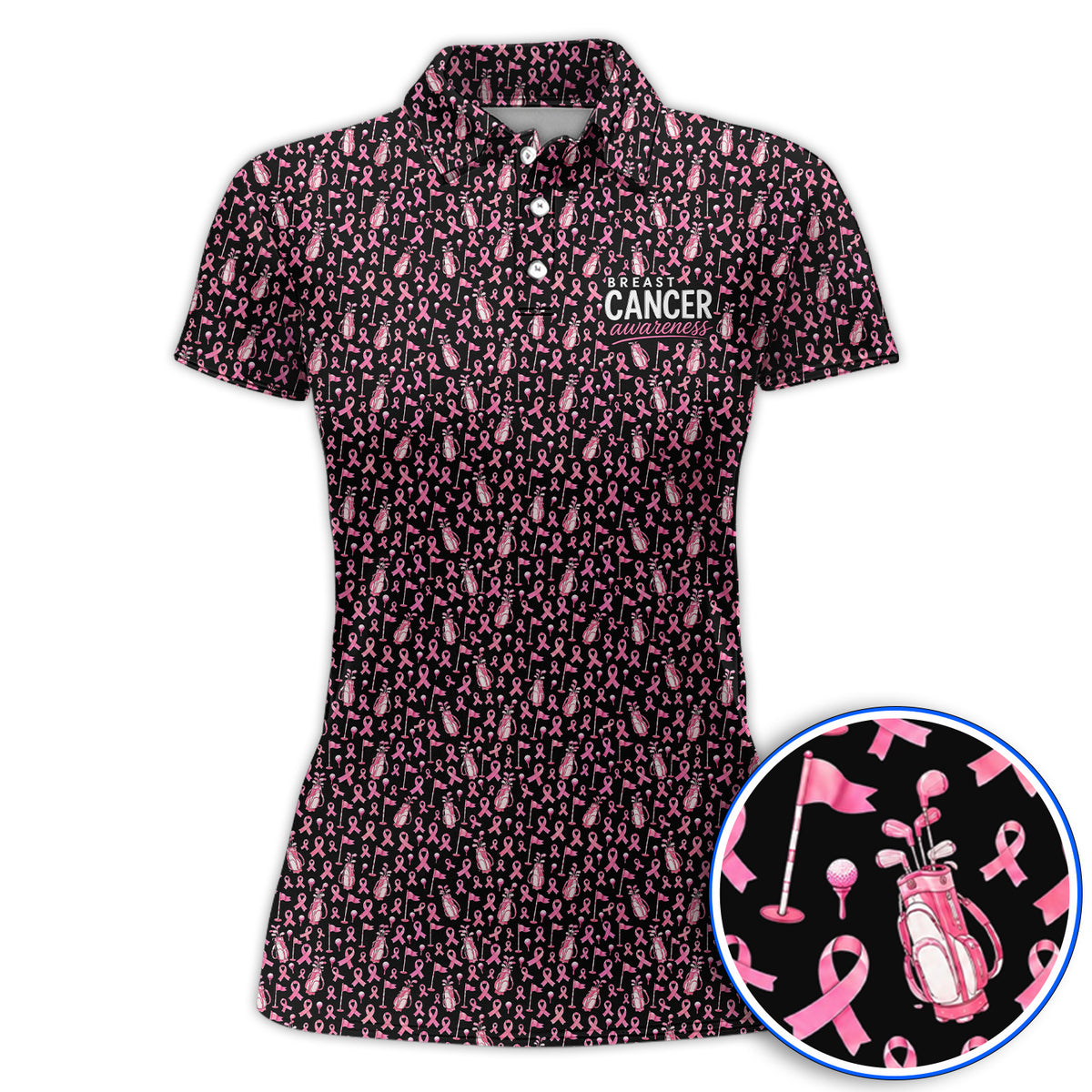 Breast Cancer Awareness Golf Polos, Pink Ribbon Golf Bag Pattern Shirt, October Golf Gift for Golfer