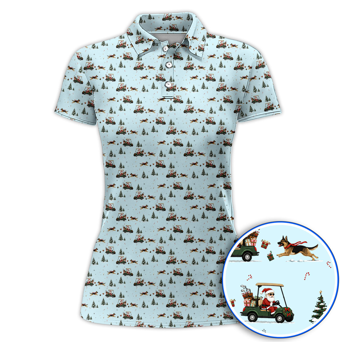 German Shepherd Pattern Golf Polos, German Christmas Golf Cart Shirt, Festive Golf Gift for Dog Lovers