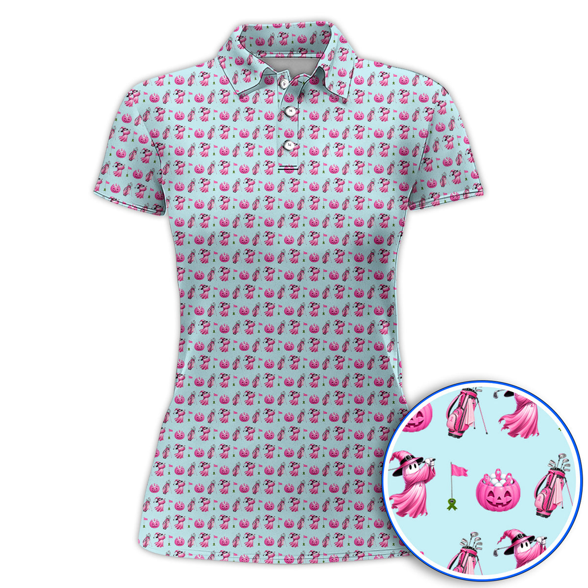 Pink Pumpkin Swing Breast Cancer Awareness Golf Shirt, Halloween Golf & Pink Ribbon Pattern Polos, October Golf Gift For Golfer