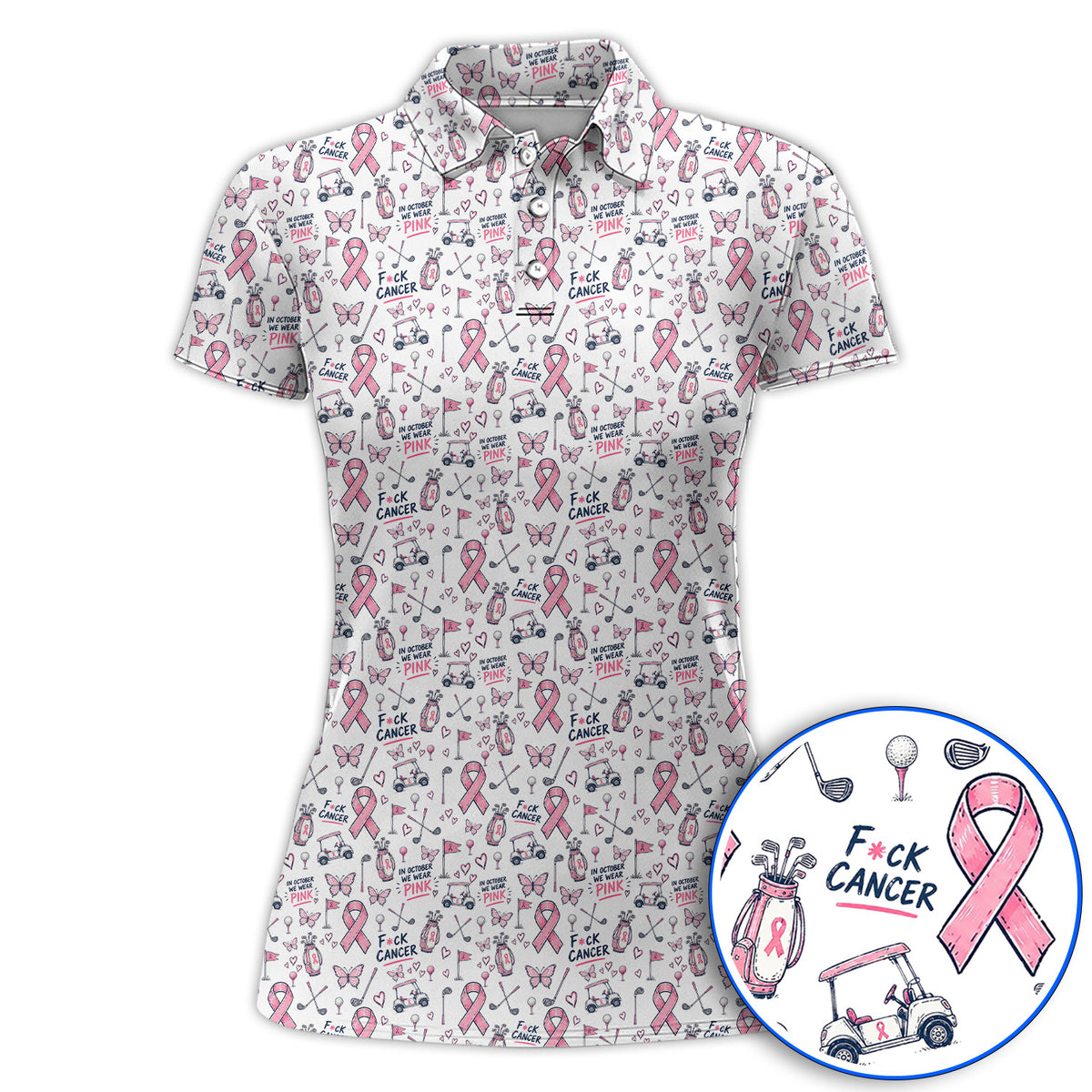 Fight Cancer Golf Shirt, Pink Ribbon Golf Cart Pattern Polos, Breast Cancer Awareness Gift for Golfers