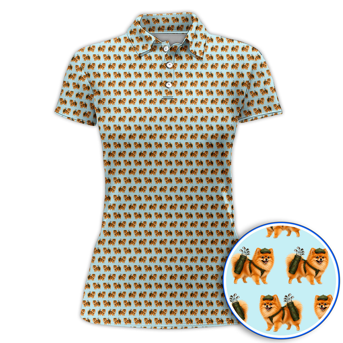 Golden Pomeranian Pattern Golf Polos, Cute Pomeranian Dog Golf Shirt, Funny Golf Gift For Golfer