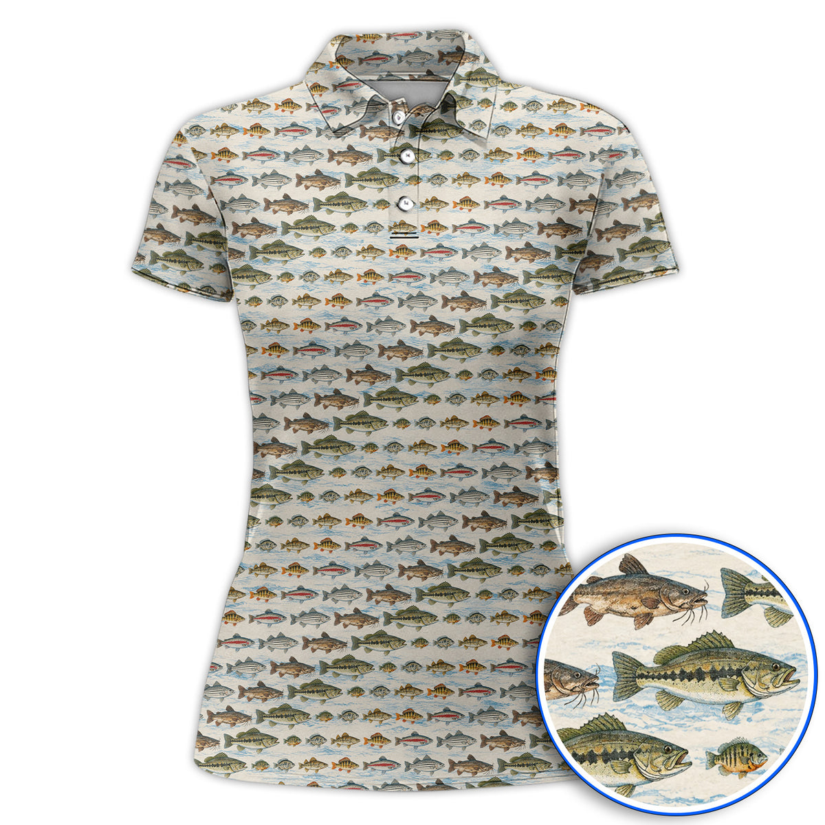 Freshwater Fishing Pattern Golf Shirt, Bass Trout Catfish & Perch Golf Polos, Fishing Gift For Golfer