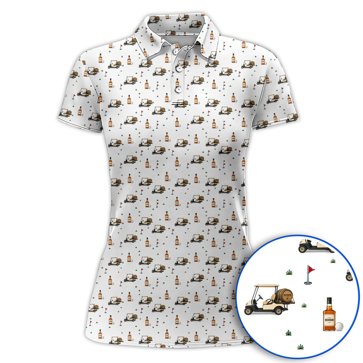 Bourbon Cart Golf Polos, Whiskey Barrel & Golf Course Pattern Shirt, Funny Golf Gift For Golfer