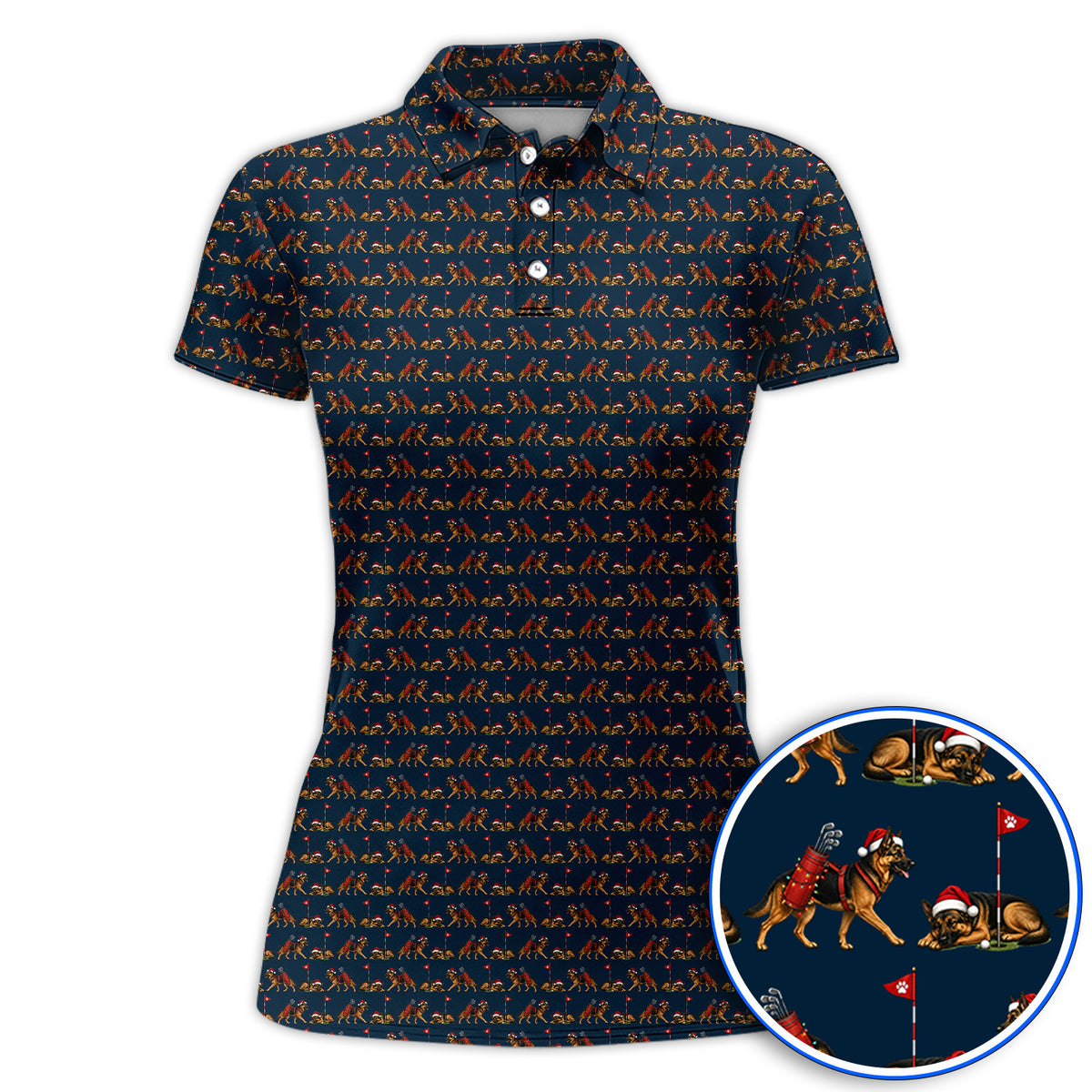 German Shepherd Christmas Golf Shirt, German Shepherd Pattern Golf Polos, Holiday Golf Gift for Dog Lovers