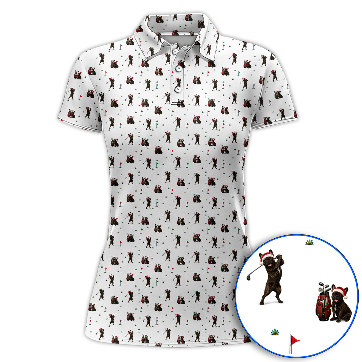 Christmas French BullDog Golfer Polos, Xmas French BullDog Golf Pattern Shirt, Holiday Golf Gift for Golfers