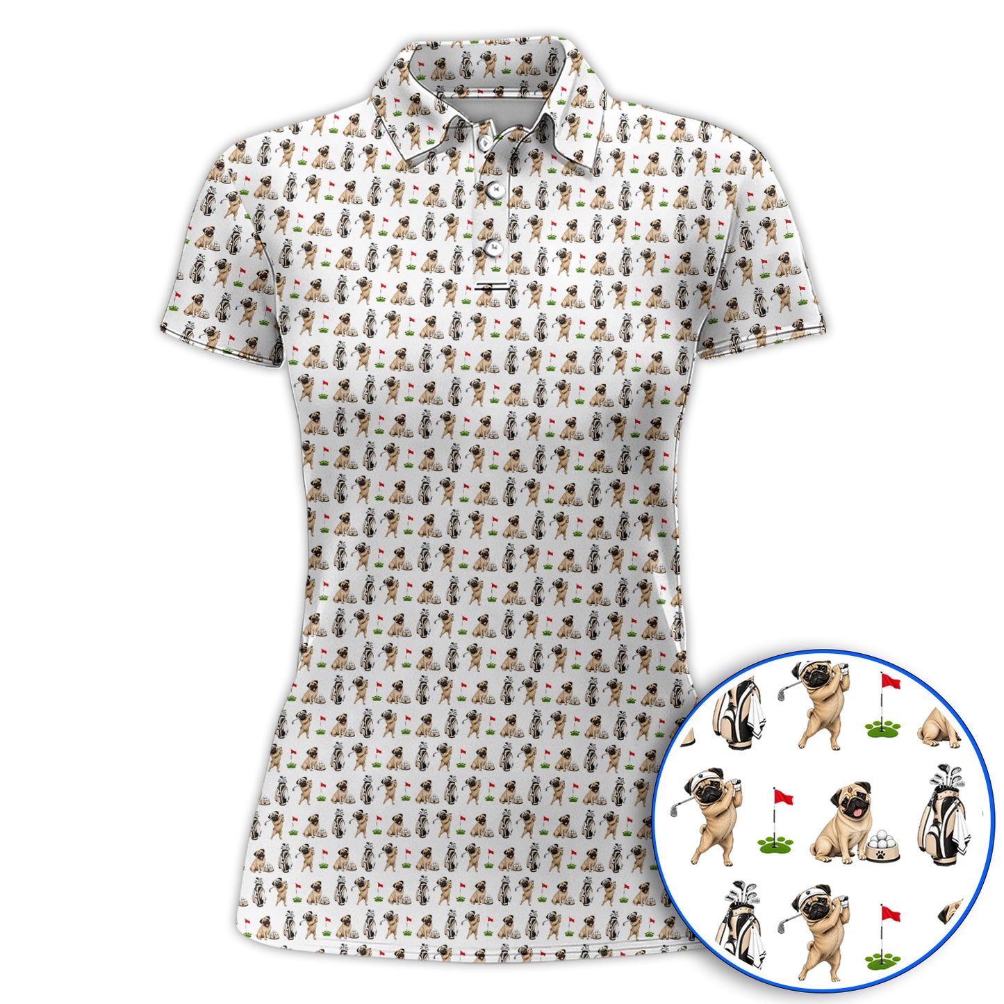 Funny Pug Golf Shirt, Pug Pattern Golf Polos, Dog Lover Golf Gift