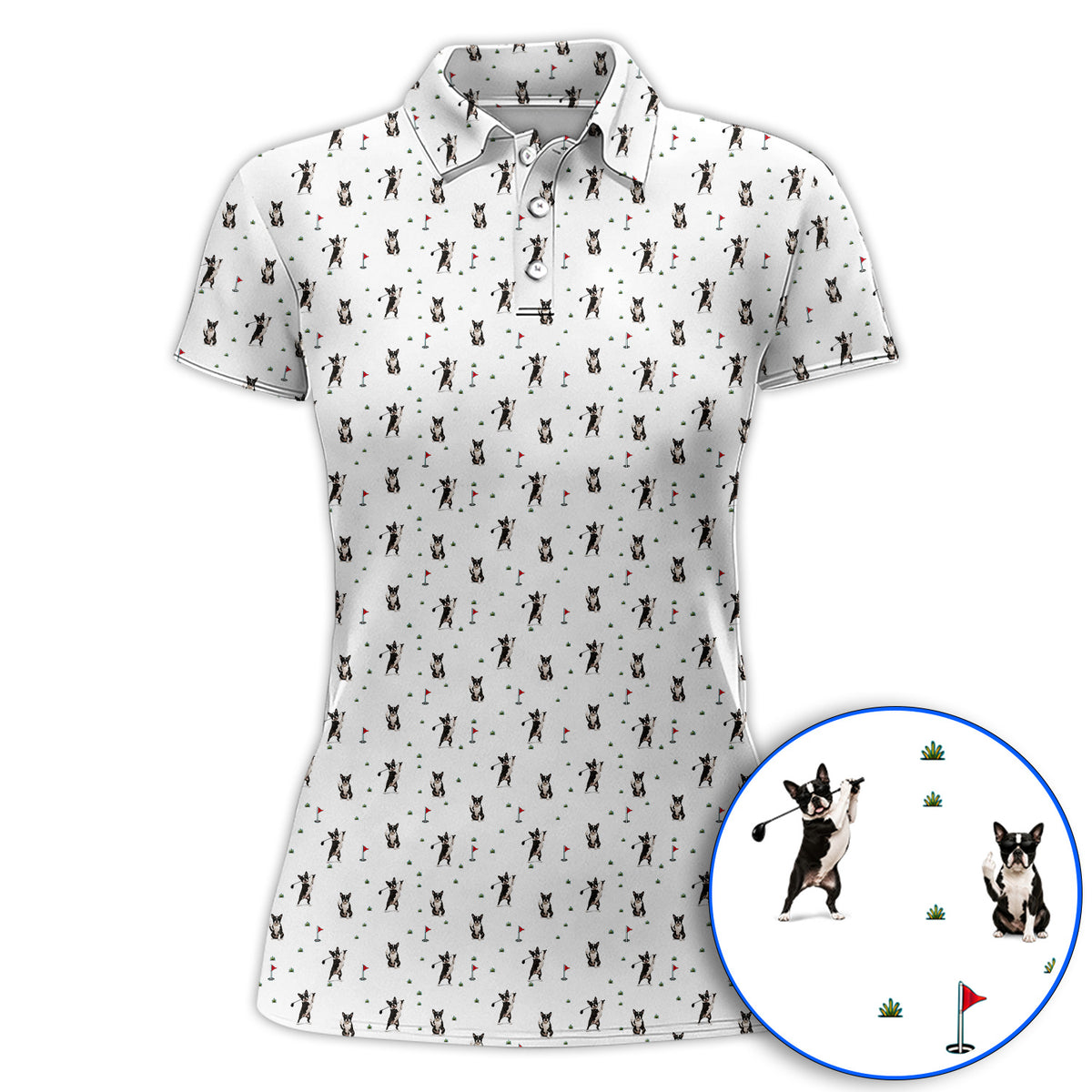 Boston Terrier Pattern Golf Shirt, Crazy Boston Terrier Golf Polos, Golf Gift For Golfer