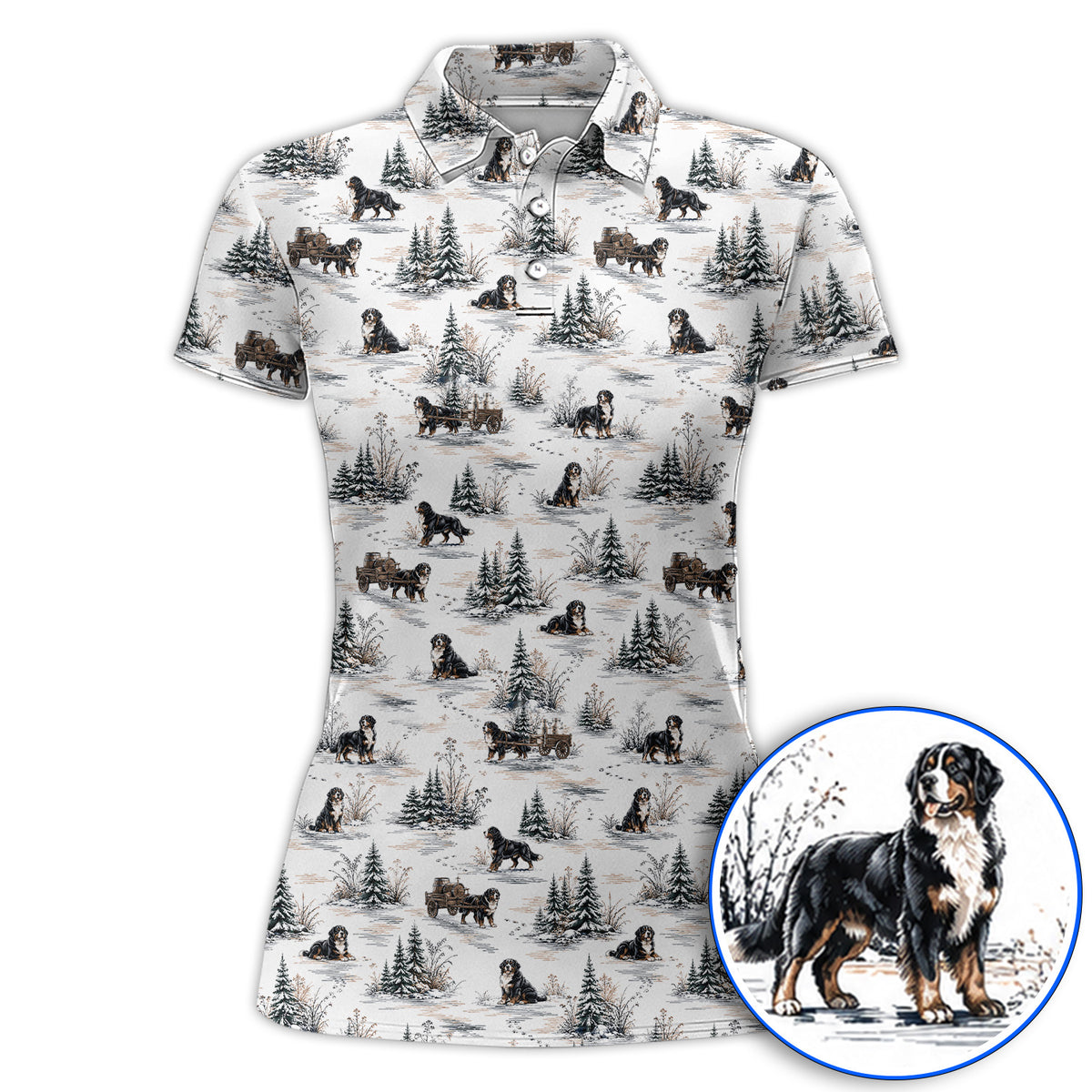 Bernese Mountain Pattern Golf Polos, Snowy Bernese Dog Golf Shirt, Dog Lover Golf Gift