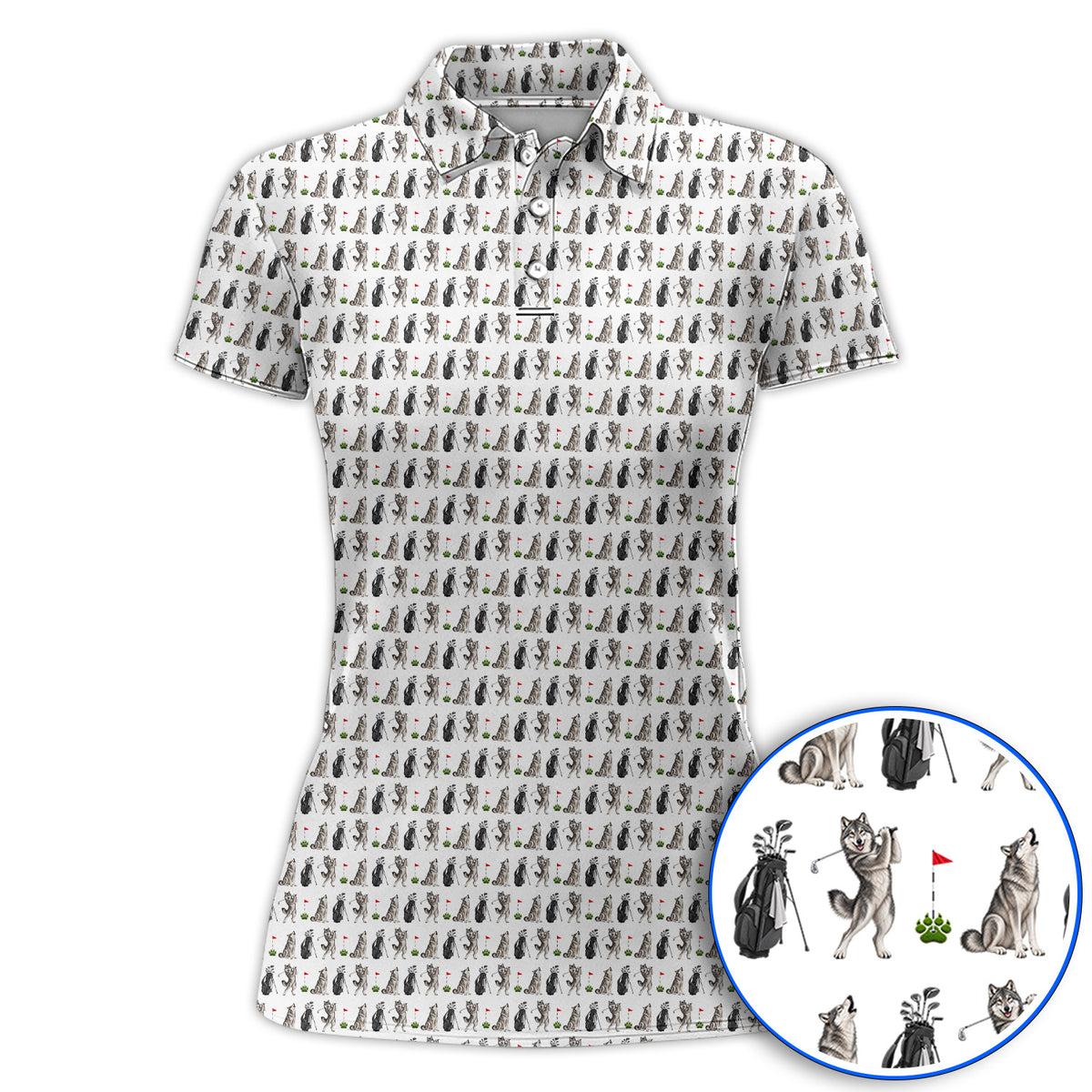 Wolf Golf Polos, Funny Wolf Golf Pattern Shirt, Wildlife Lover Golf Gift for Golfer
