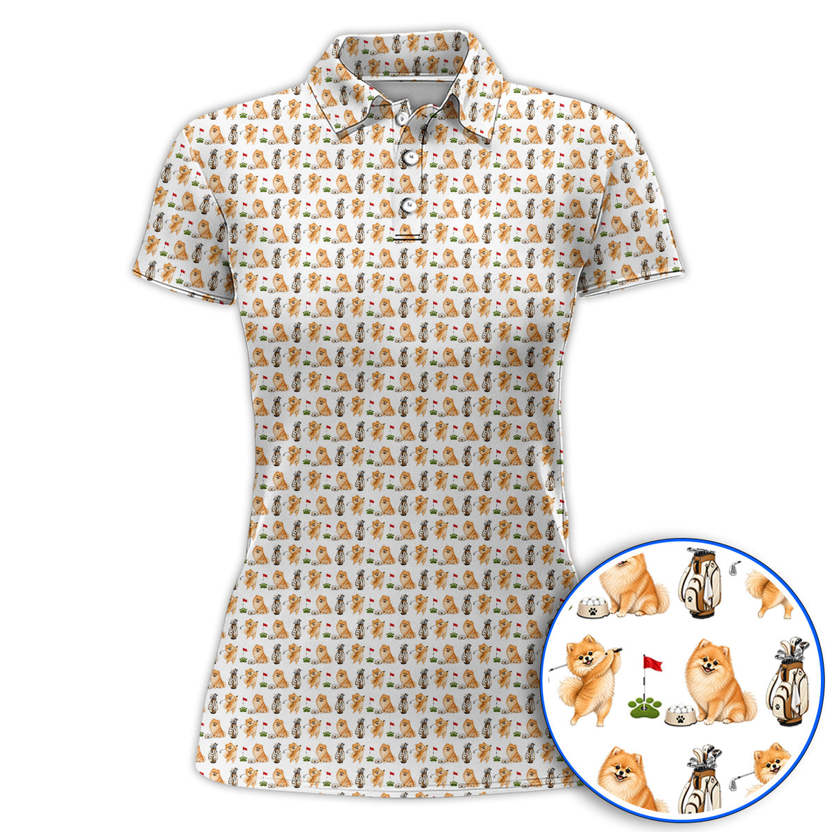Pomeranian Pattern Golf Polos, Pomeranian Dog Golf Shirt, Golf Gift For Golfer