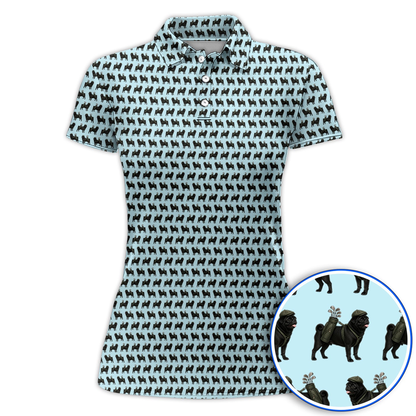 Black Pug Pattern Golf Polos, Funny Pug Golf Shirt, Golf Gift For Golfer