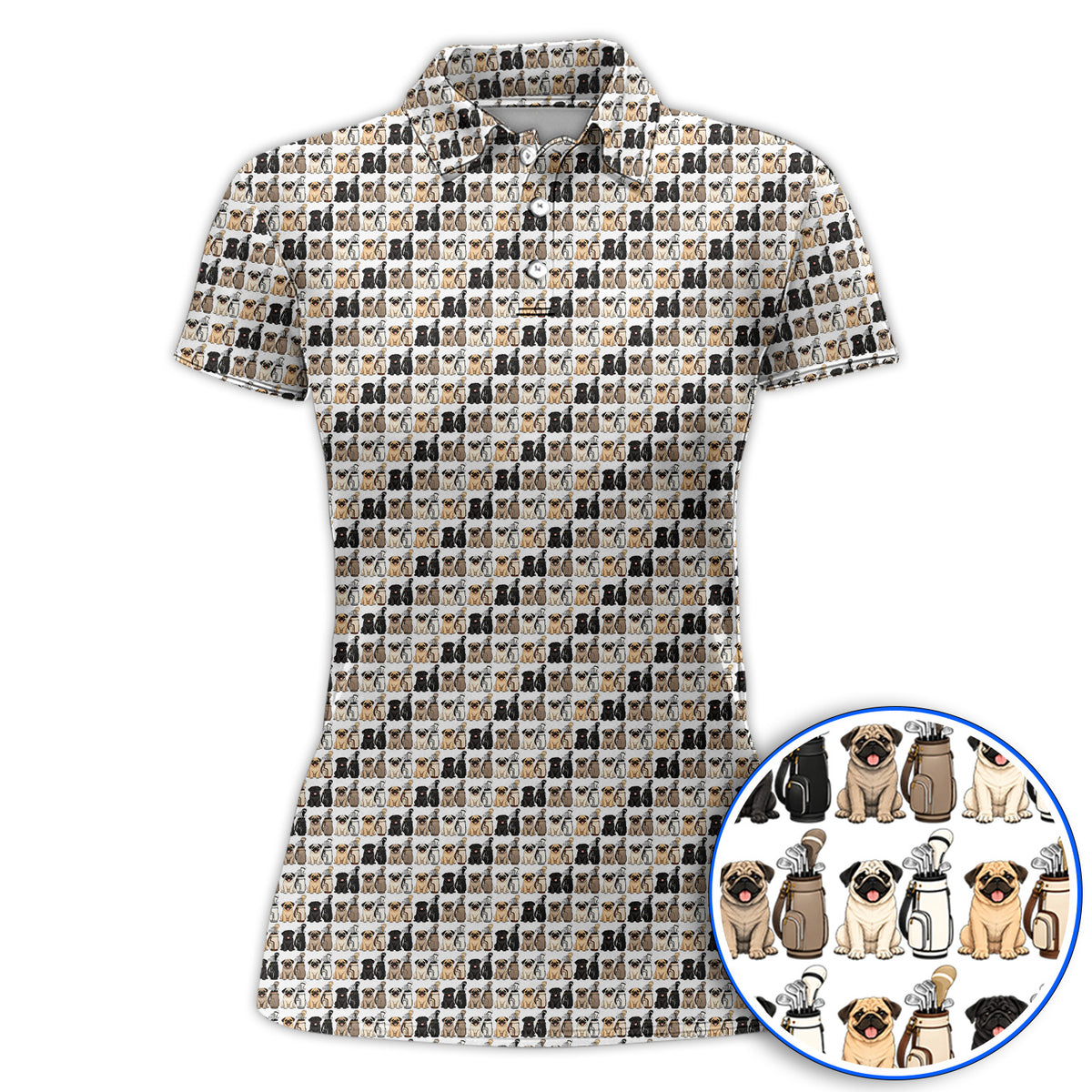 Funny Pug Golf Polos, Pug Pattern Golf Shirt For Dog Lovers, Golf Gift For Golfers