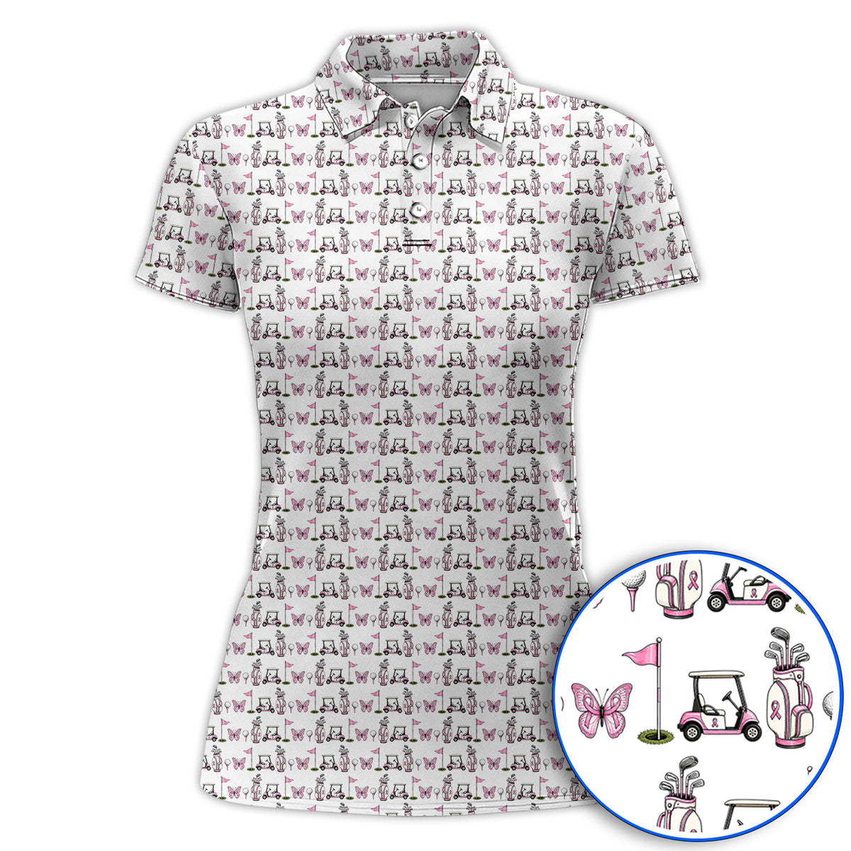 Pink Ribbon Fairway Golf Polos, Breast Cancer Support Golf Cart & Butterfly Pattern Shirt, Awareness Gift for Golfers