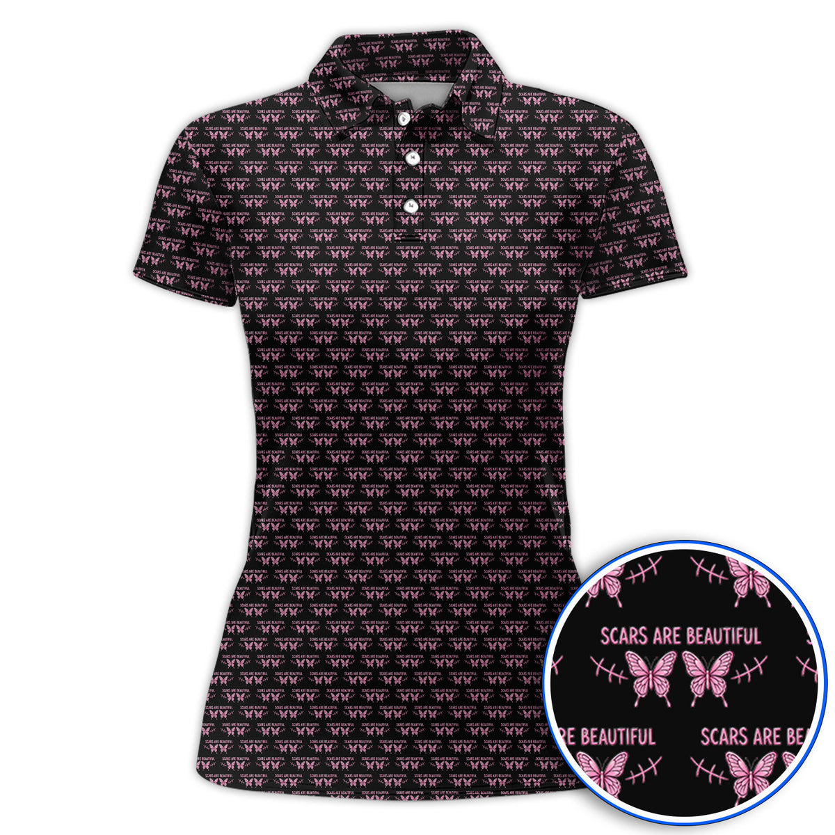 Scars Are Beautiful Breast Cancer Awareness Golf Polos, Pink Butterfly Survivor Pattern Shirt, Inspirational Golf Gift for Golfer