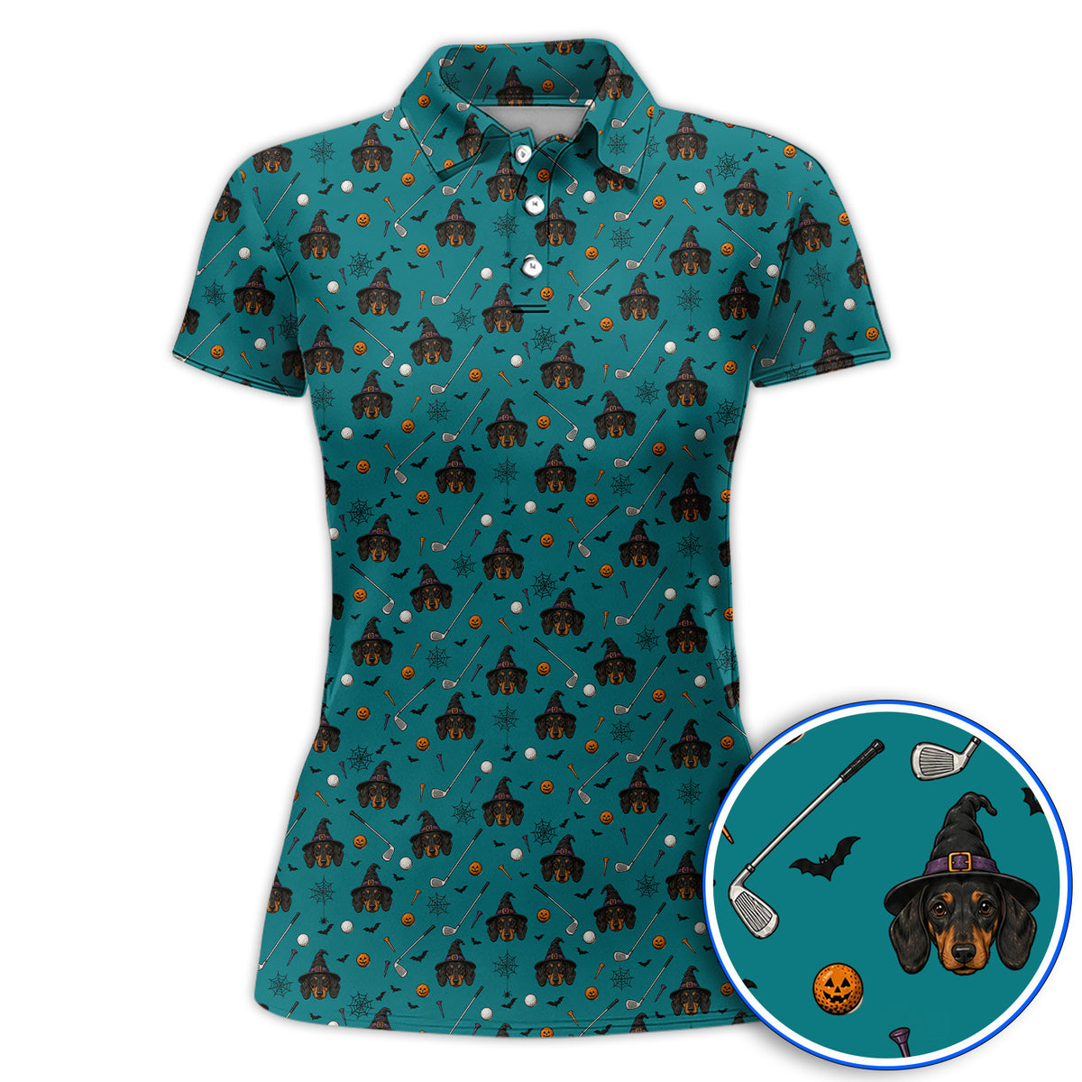 Witch Dachshund Golf Polos, Halloween Wiener Dog Pattern Golf Shirt, Golf Gift for Golfer