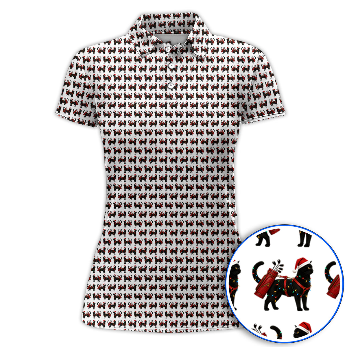 Black Cat Christmas Golf Shirt, Crazy Cats Golf Polos For Xmas Holiday, Golf Gift For Cat Loving Golfer