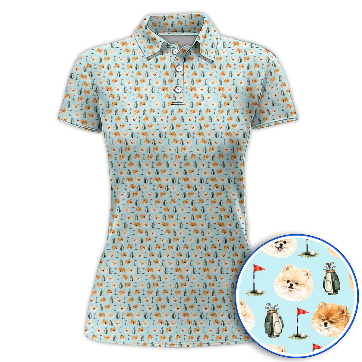 Pomeranian Golf Shirt, Fluffy Pom Dog & Golf Pattern Polos, Funny Golf Gift For Golfer
