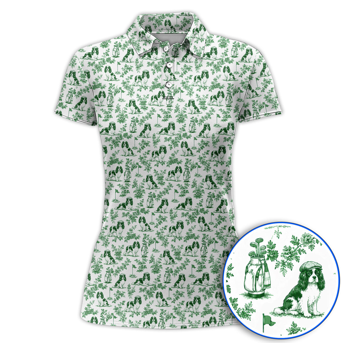 Funny Cavalier King Charles Spaniel Golf Polos, Toile de Jouy Cavalier Pattern Golf Shirt, Golf Gift For Golfer