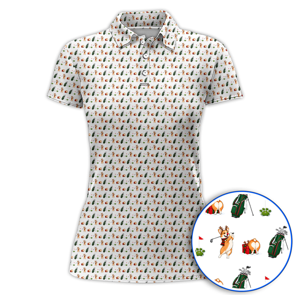 Funny Corgi Christmas Golf Polos, Xmas Corgi Pattern Golf Shirt, Golf Gift For Golfers