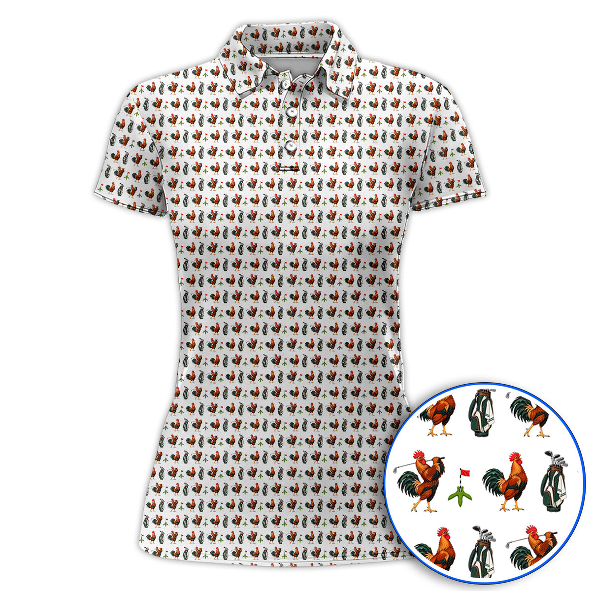 Funny Rooster Golf Polos, Rooster Pattern Golf Shirt For Chicken Lovers, Golf Gift For Golfers