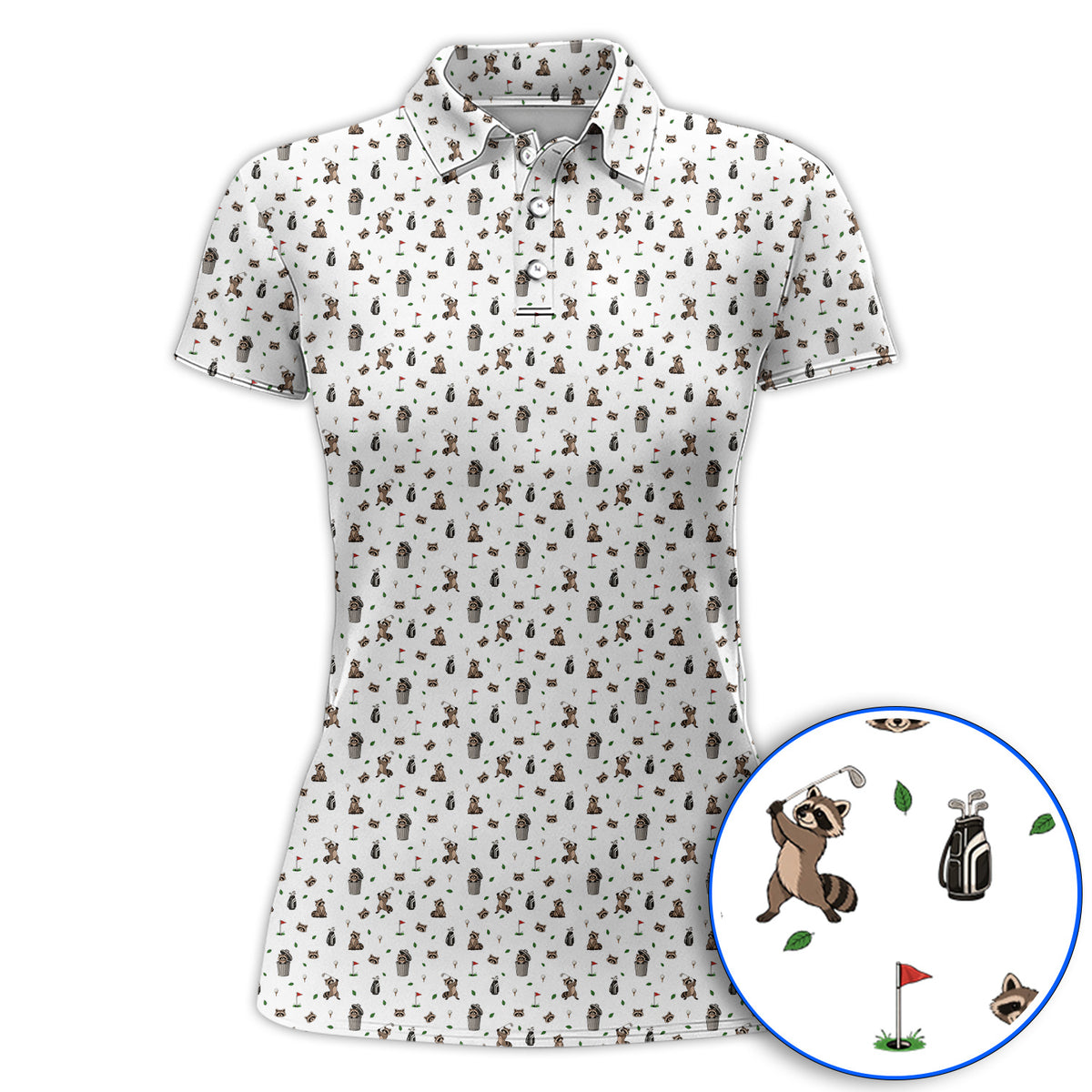 Raccoon Golf Polos, Playful Raccoon Golf Pattern Shirt, Funny Animal Golf Gift for Golfer