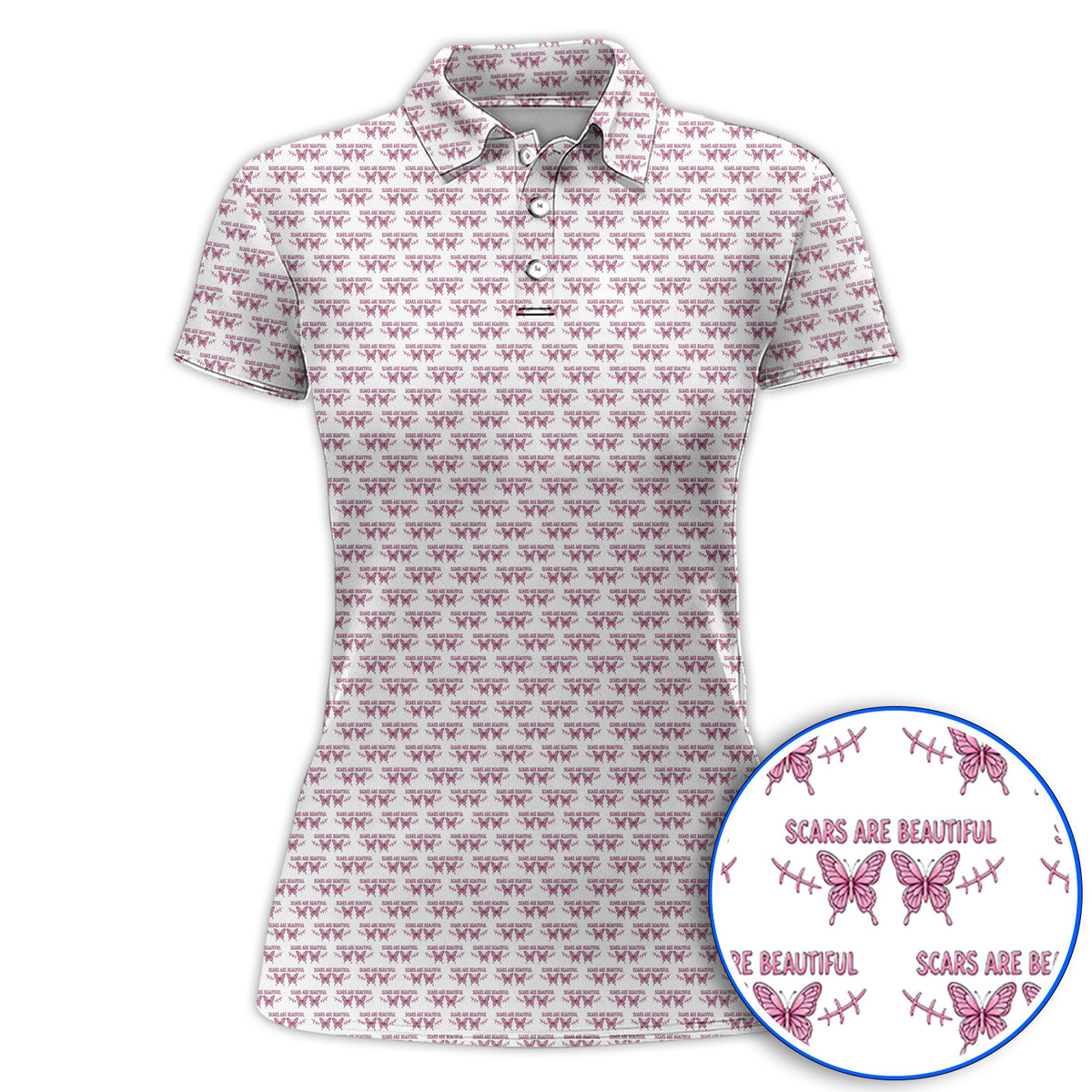 Scars Are Beautiful Breast Cancer Awareness Golf Polos, Pink Butterfly Survivor Pattern Shirt, Inspirational Golf Gift for Golfer