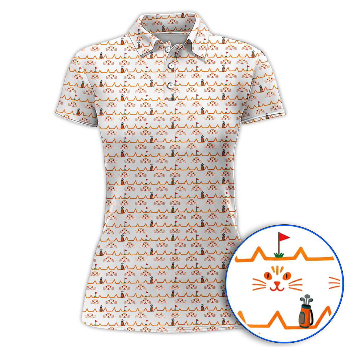 Cat Lover Golf Shirt, Turquoise Cat Face & Golf Bag Pattern Golf Polos, Funny Kitty Golf Gift for Golfers