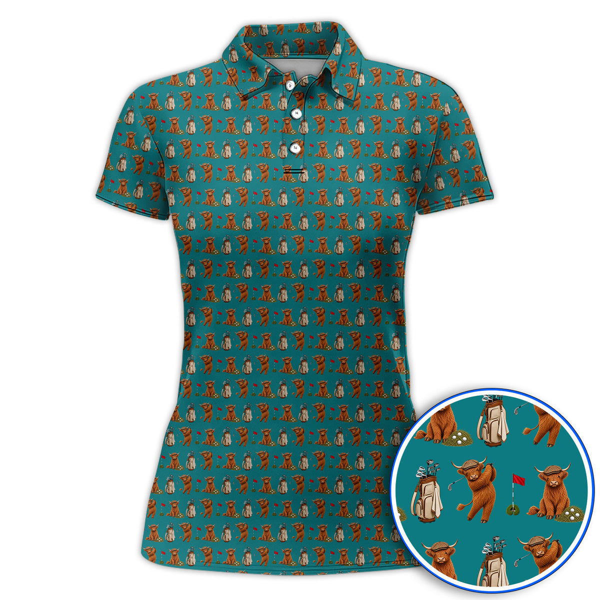 Funny Highland Cow Golf Polos, Highland Cow Pattern Golf Shirt, Golf Gift For Golfer