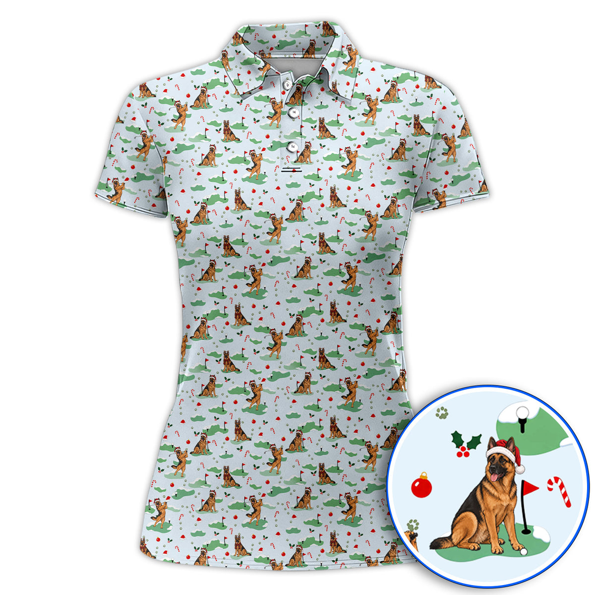 Funny German Shepherd Christmas Golf Shirt, German Shepherd Pattern Golf Polos, Xmas Golf Gift for Golfers