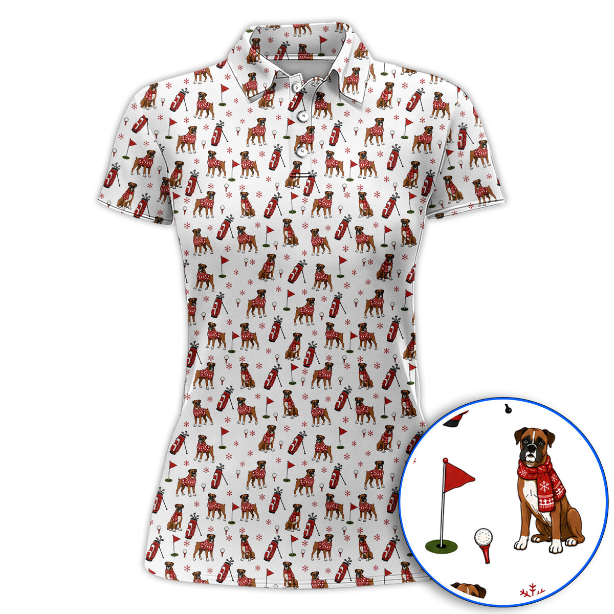 Boxer Christmas Golf Polos, Holiday Dog Pattern Golf Shirt, Festive Golf Gift for Golfers