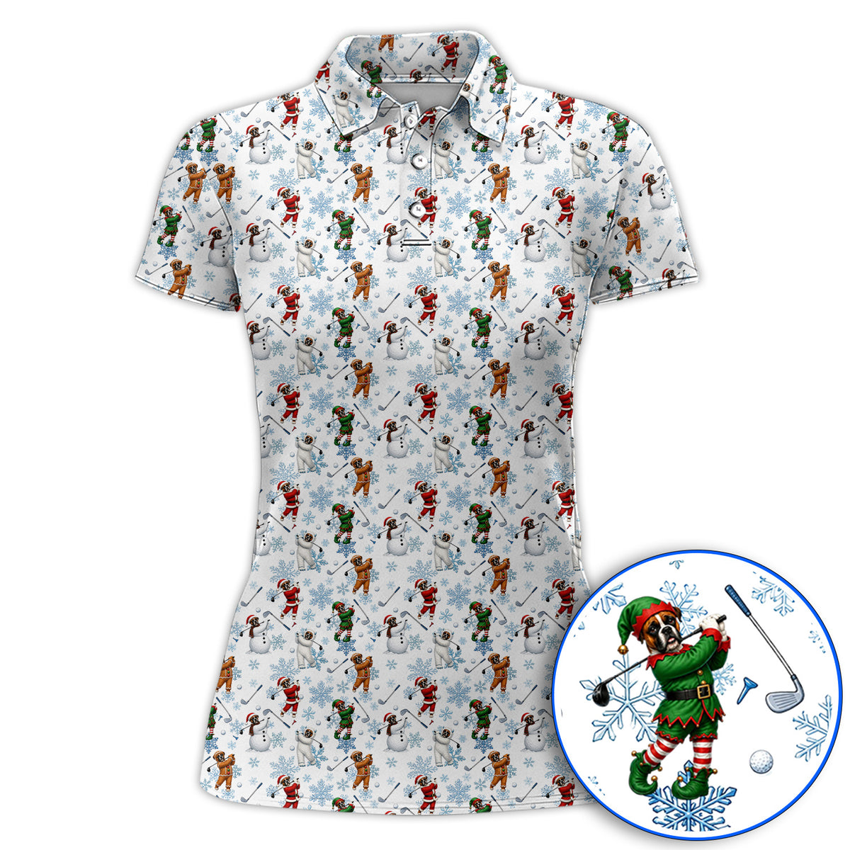 Boxer Christmas Pattern Golf Polos, Funny Holiday Boxer Golfer Shirt, Christmas Golf Gift for Dog Lovers