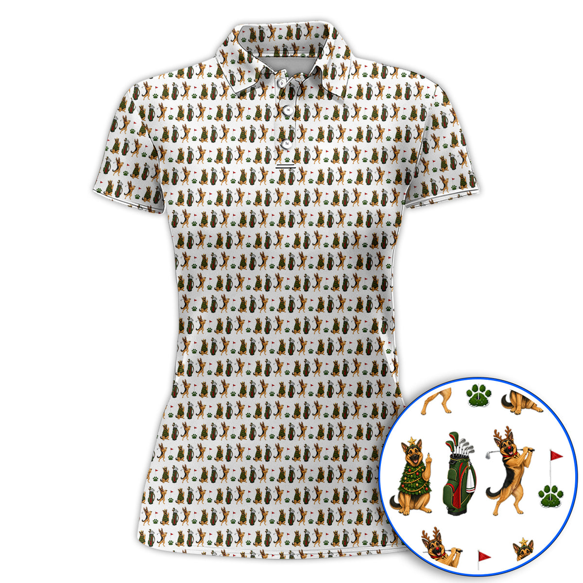 German Shepherd Christmas Golf Shirt, German Shepherd Pattern Golf Polos, Xmas Golf Gift For Golfer
