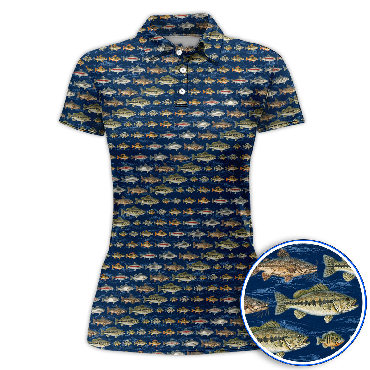 Freshwater Fishing Pattern Golf Shirt, Bass Trout Catfish & Perch Golf Polos, Fishing Gift For Golfer
