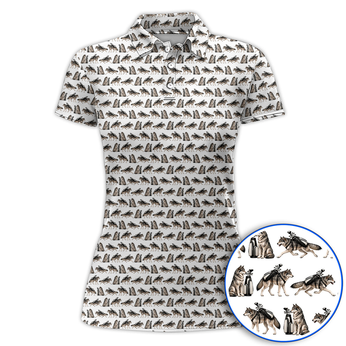 Wolf Golf Pattern Polos, Wild Wolf Golfing Shirt, Unique Wolf Golf Gift for Golfers