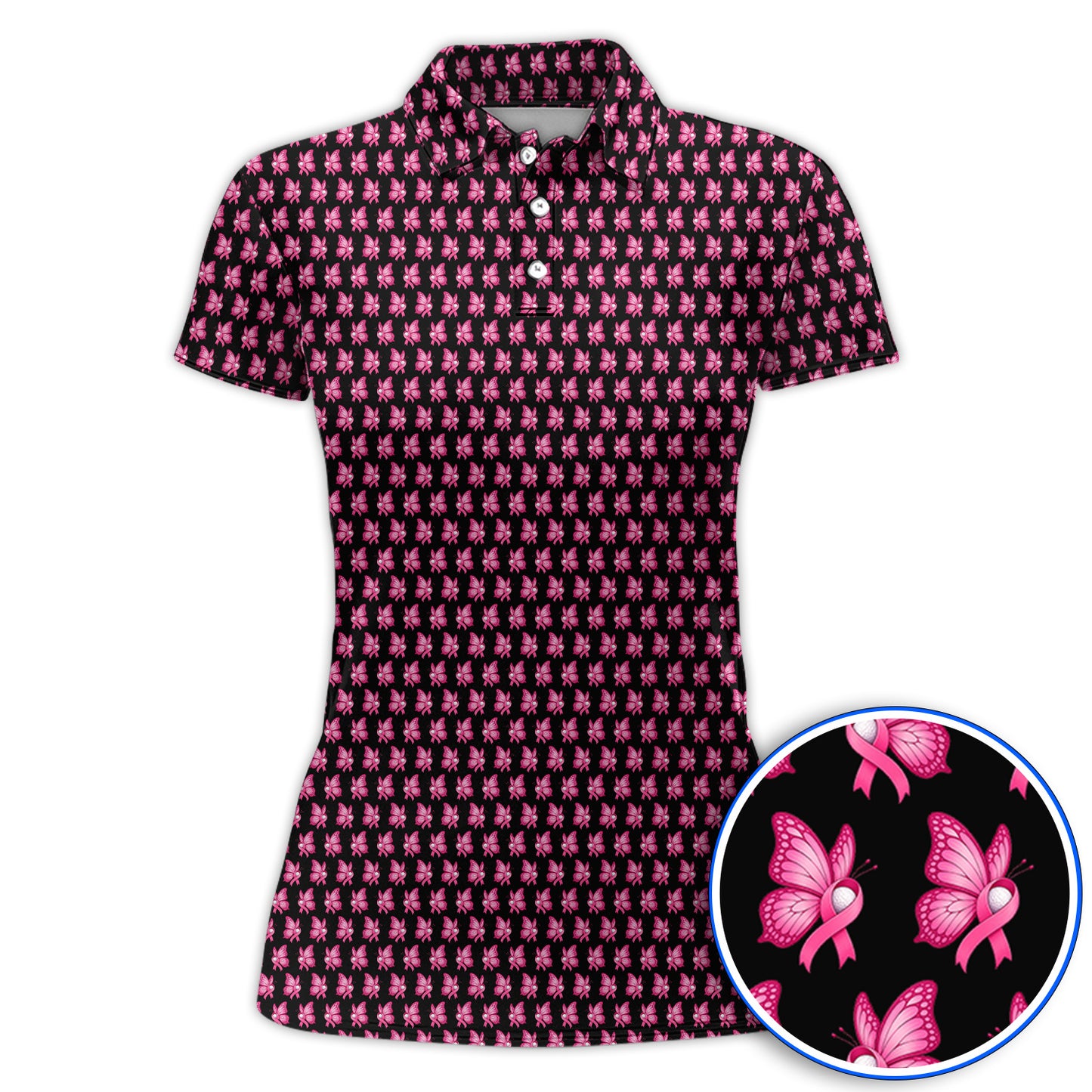Breast Cancer Awareness Golf Polos, Pink Ribbon Butterfly Golf Shirt for Golf Lovers, Support Cancer Awareness Golf Gift