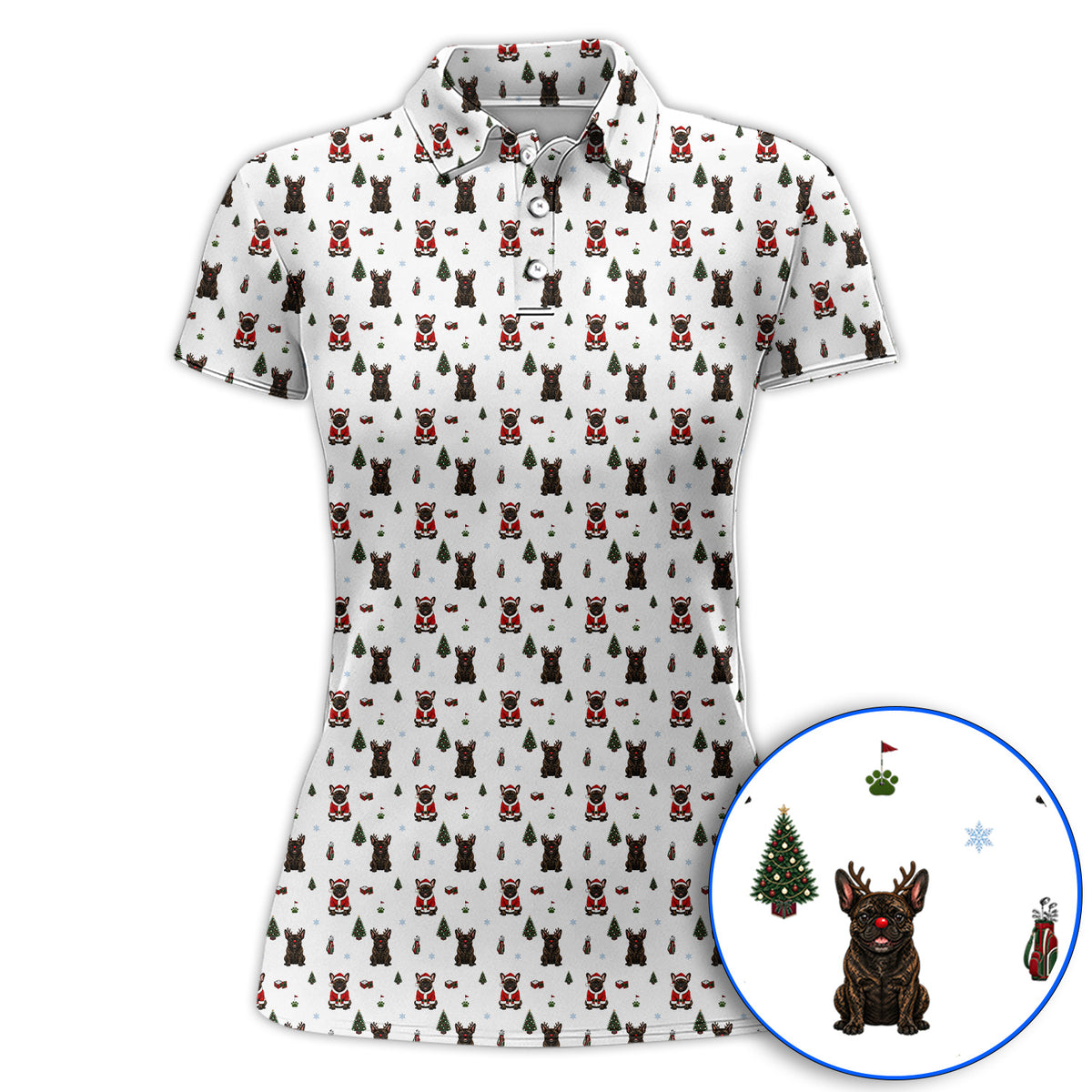 Reindeer French Bulldog Christmas Golf Polos, Festive Dog Holiday Pattern Golf Shirt, Xmas Golf Gift for Golfers
