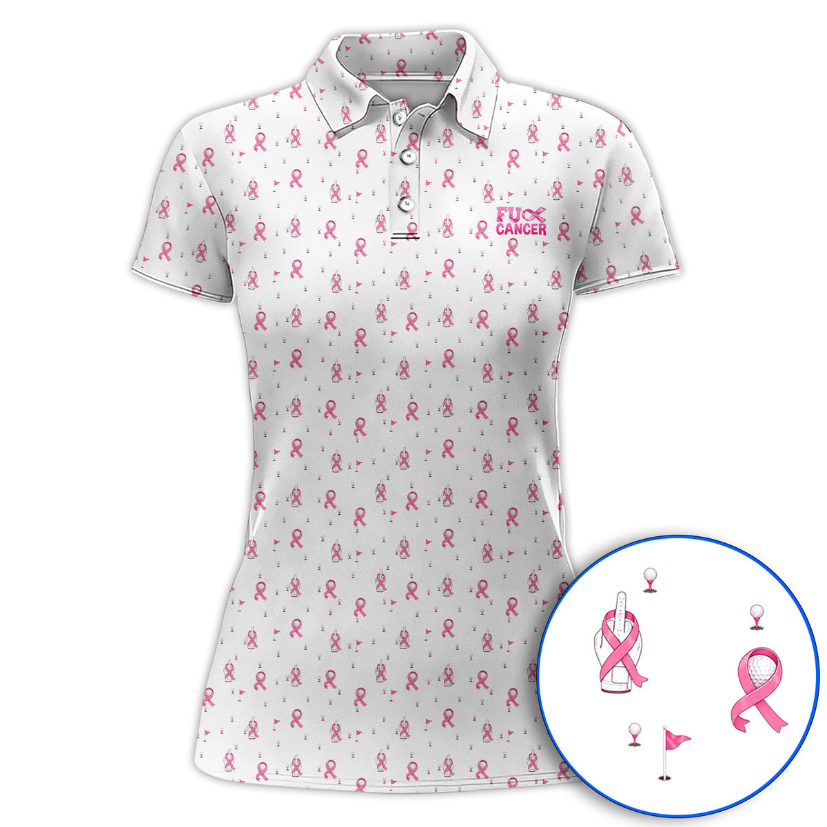Pink Ribbon Golf Polos, Breast Cancer Awareness Pattern Golf Shirt, Supportive Golfer Gift for Golfer
