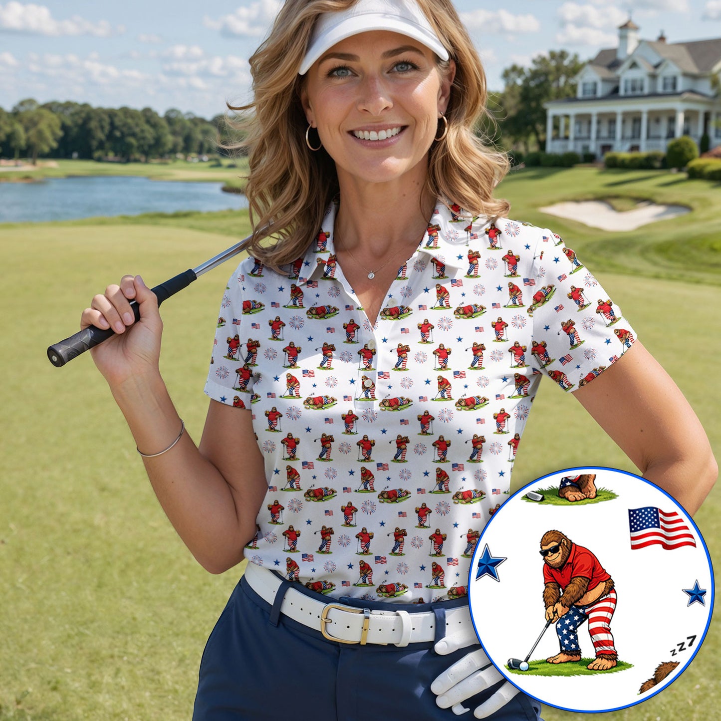 Funny Sasquatch Golf Polos, Patriotic Bigfoot USA Pattern Golf Shirt, Golf Gift For Golfer