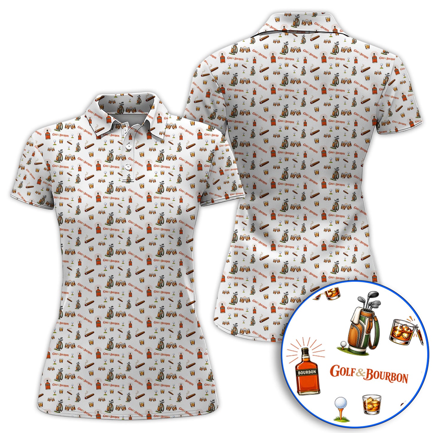 Golf & Bourbon Pattern Polos, Funny Golf Shirt For Golfer, Golfer Whiskey Shirt