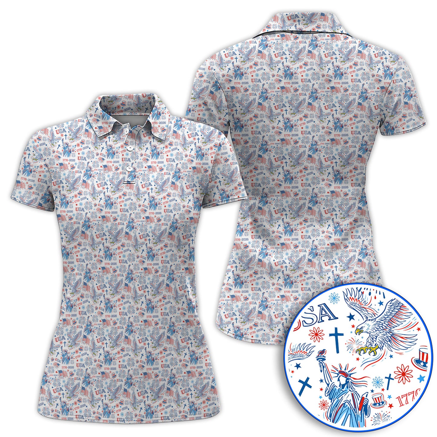 USA 1776–2026 Pattern Golf Polos, Eagle & Liberty Golf Shirt For Golfer, 4th of July Golf Shirts