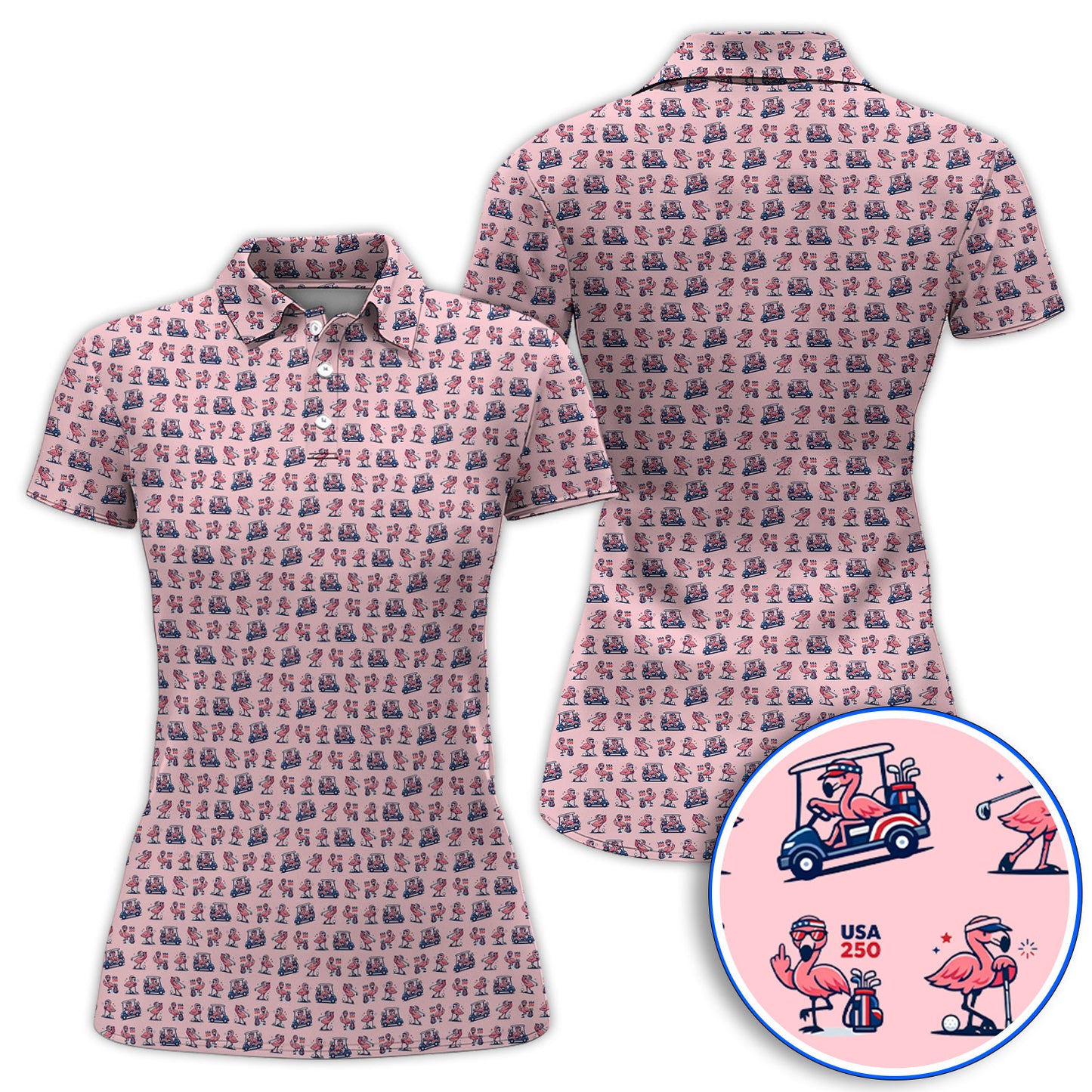 Funny Flamingo Pattern Golf Polos, USA 250 Patriotic Summer Golf Shirt, Crazy Golf Gift For Golfer