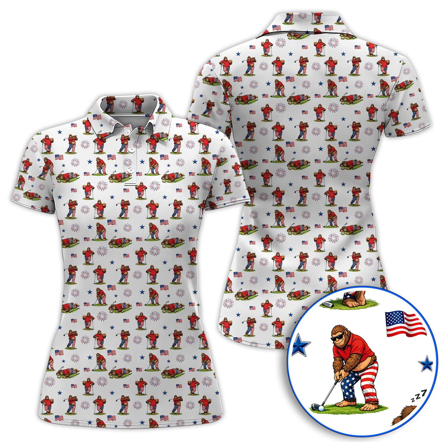 Funny Sasquatch Golf Polos, Patriotic Bigfoot USA Pattern Golf Shirt, Golf Gift For Golfer