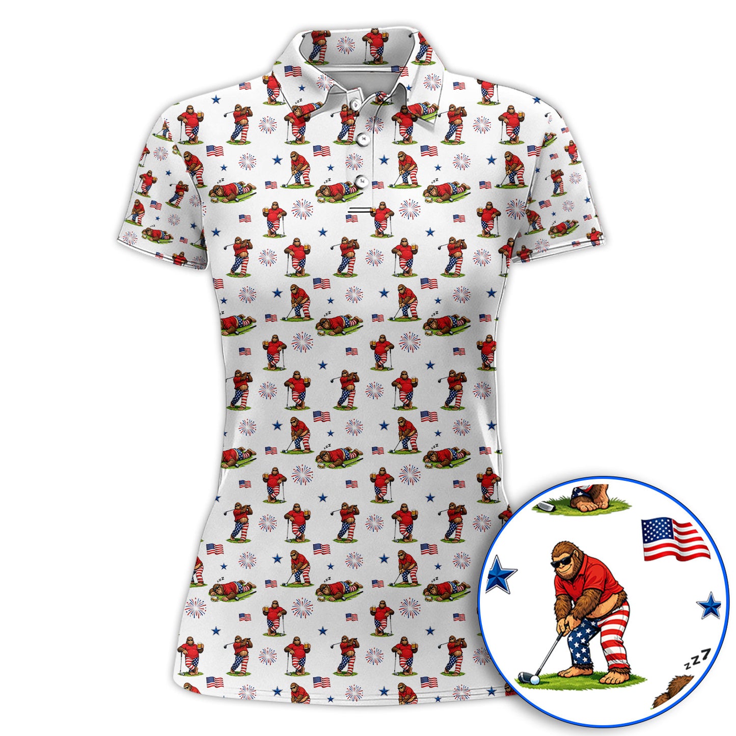Funny Sasquatch Golf Polos, Patriotic Bigfoot USA Pattern Golf Shirt, Golf Gift For Golfer