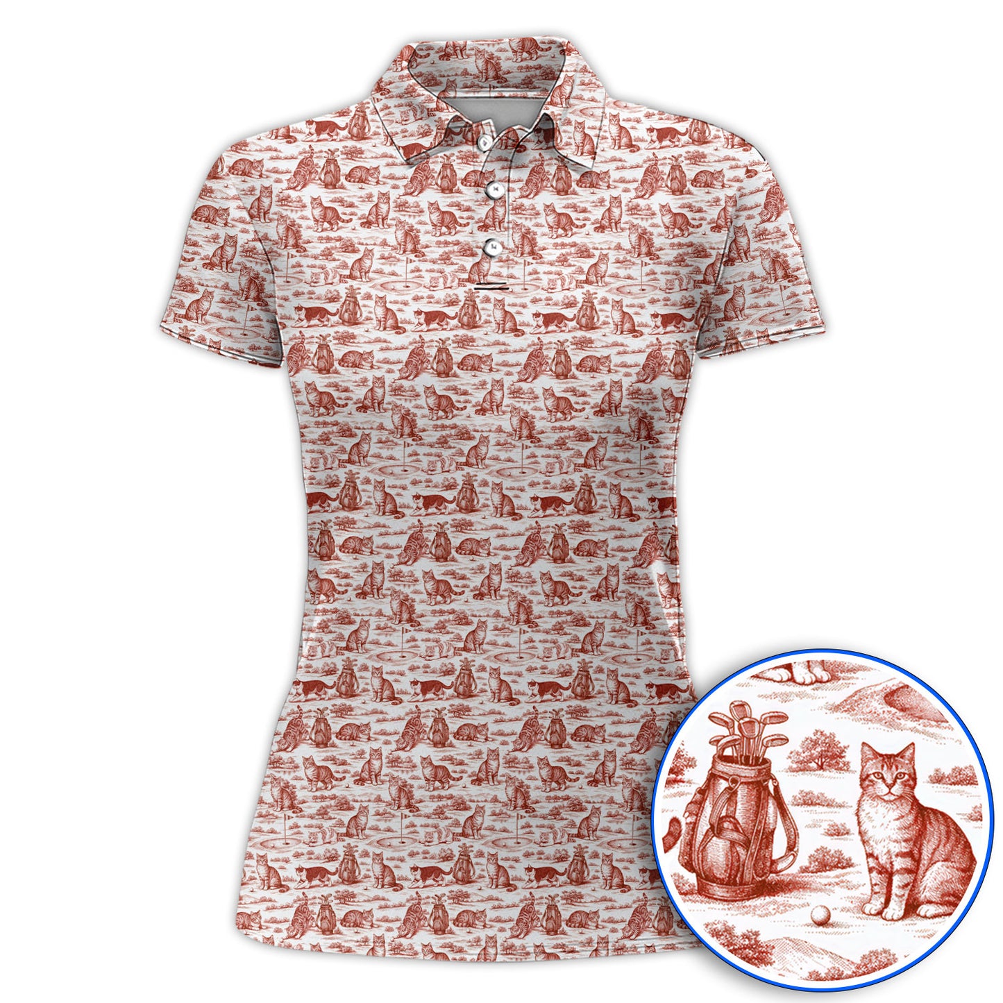 Toile De Jouy Pattern Golf Polos, Crazy Cat Golf Shirt For Golfer, Golf Gift For Pet Lover