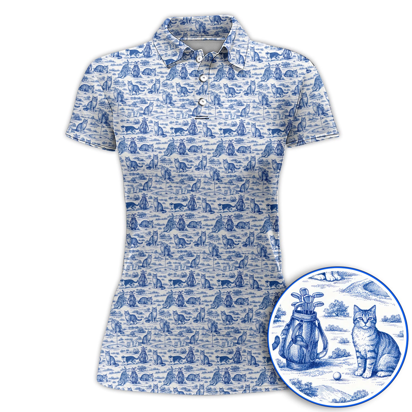 Toile De Jouy Pattern Golf Polos, Crazy Cat Golf Shirt For Golfer, Golf Gift For Pet Lover
