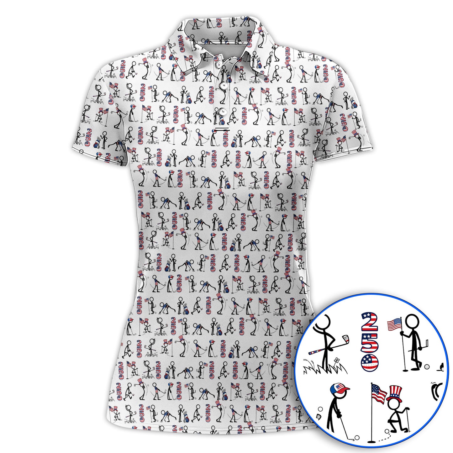 USA 250 Casual Patriotic Golf Shirt, Stick Figure Golfer Pattern Golf Polos, Funny Golf Shirts Gor Golfer