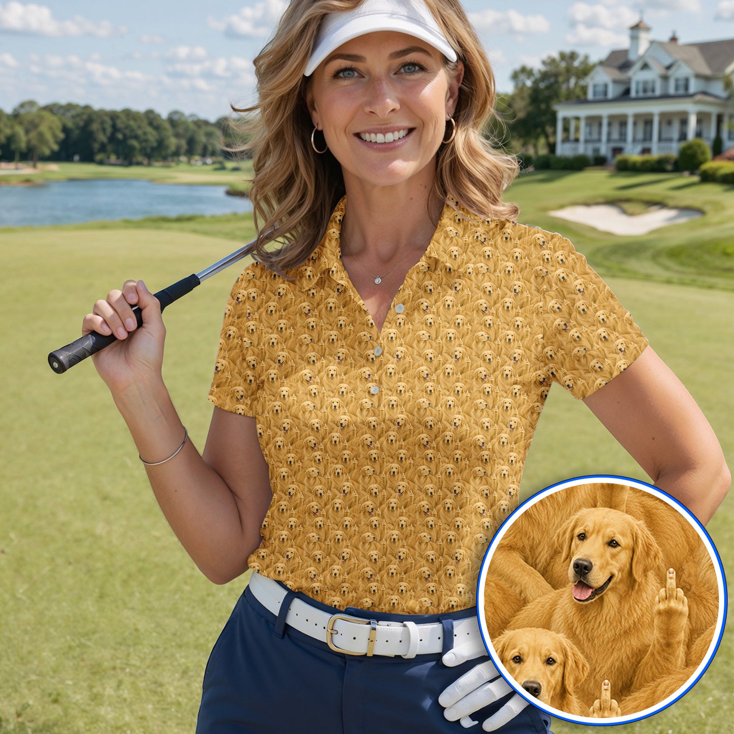 Golden Retriever Middle Finger Golf Polos, Funny Dog Lover Pattern Golf Shirt, Golden Retriever Gift For Golfer Dad