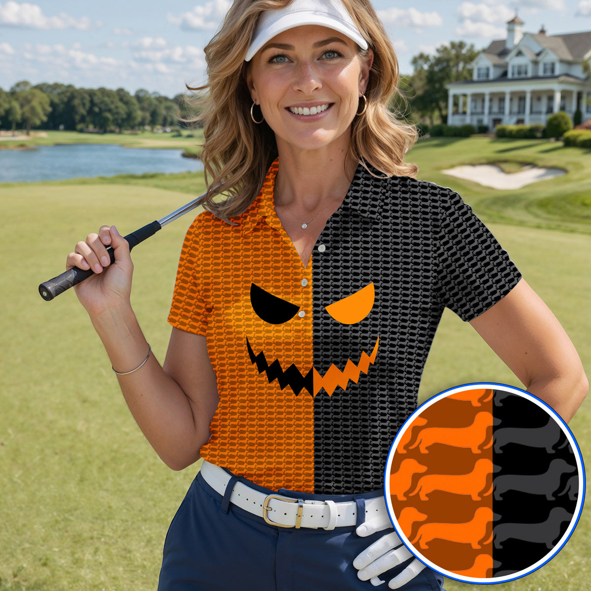 Halloween Dachshund Polos, Crazy Wiener Dog Pattern Golf Shirt, Golf Gifr For Golfer
